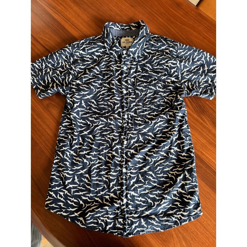 BEN SHERMAN Boy Size L Navy Blue Bird Print Button Up